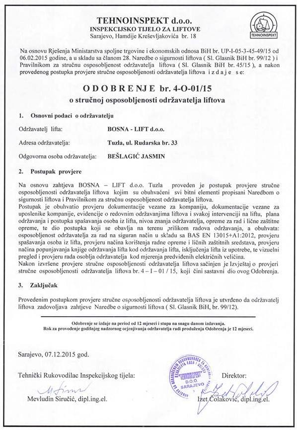 Certifikat - TEHNOINSPEKT d.o.o. Sarajevo