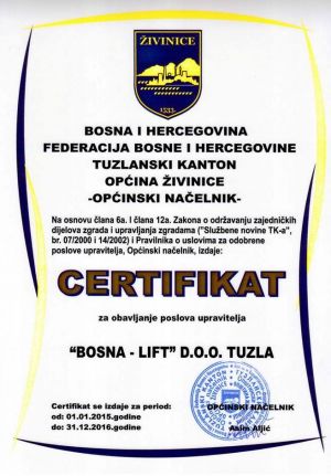 Certifikat - Općina Živinice