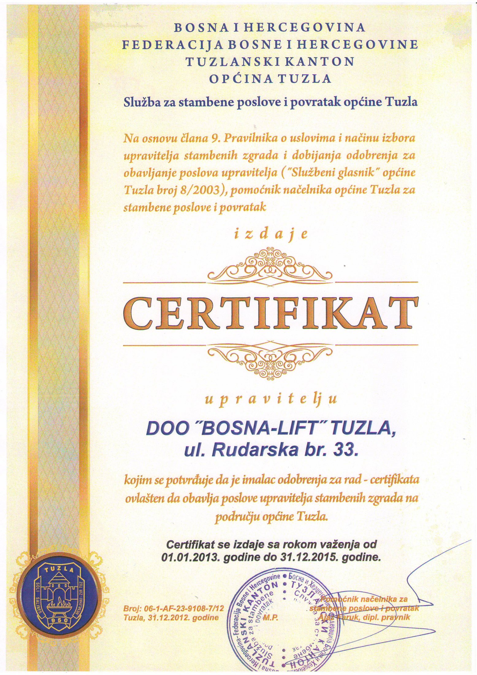 Certifikat - Općina Tuzla